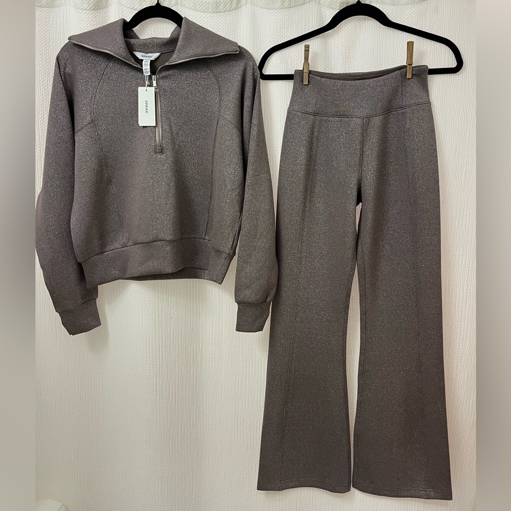 SPANX AirEssentials Shimmer Set- XS- Smoke Silver - Half Zip & Slim Flare